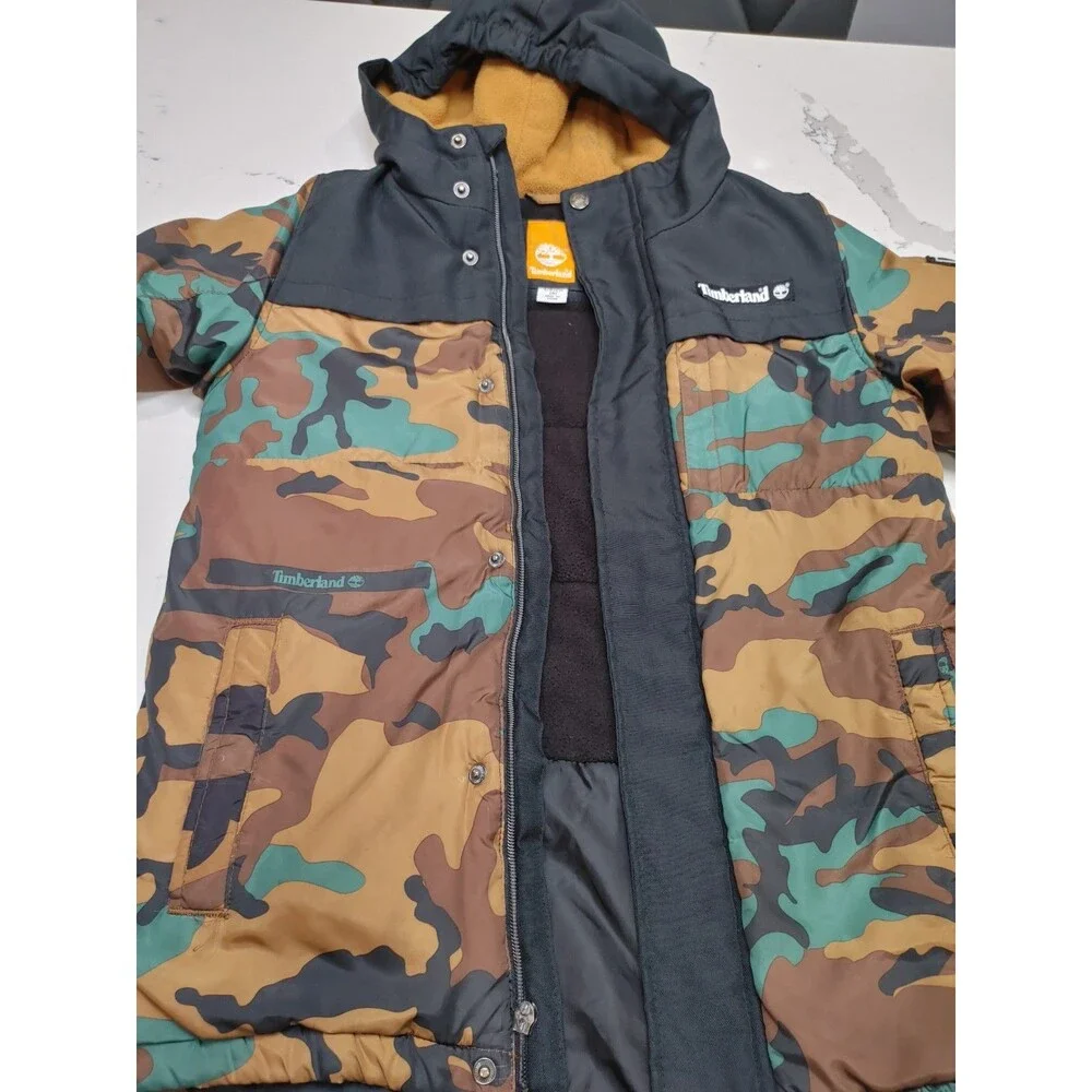 Timberland Boys Kids Puffer Coat Full Zip Hooded Jacket (Camouflage, S- 8) (0010